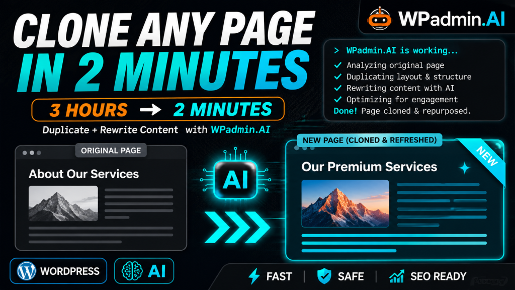 WPadmin.AI Premium duplicating a WordPress page and editing content with AI