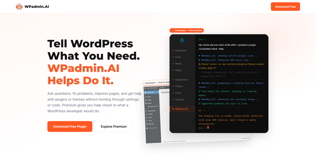 WPadmin.AI solving WordPress developer issues
