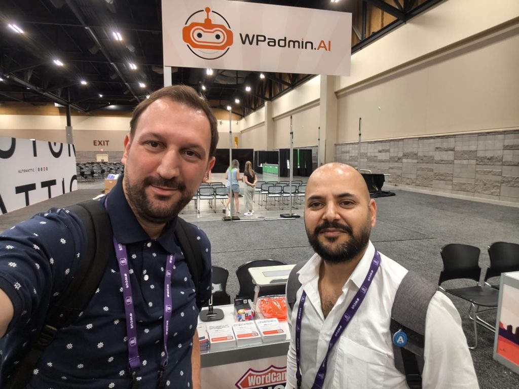 Slavko Suvacar and Baljinder Singh at the WPadmin.AI sponsor booth before WordCamp US 2026