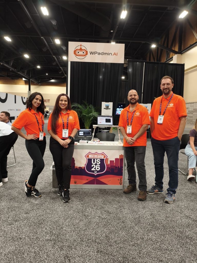 WPadmin.AI team at its WordCamp US 2026 sponsor booth in Phoenix