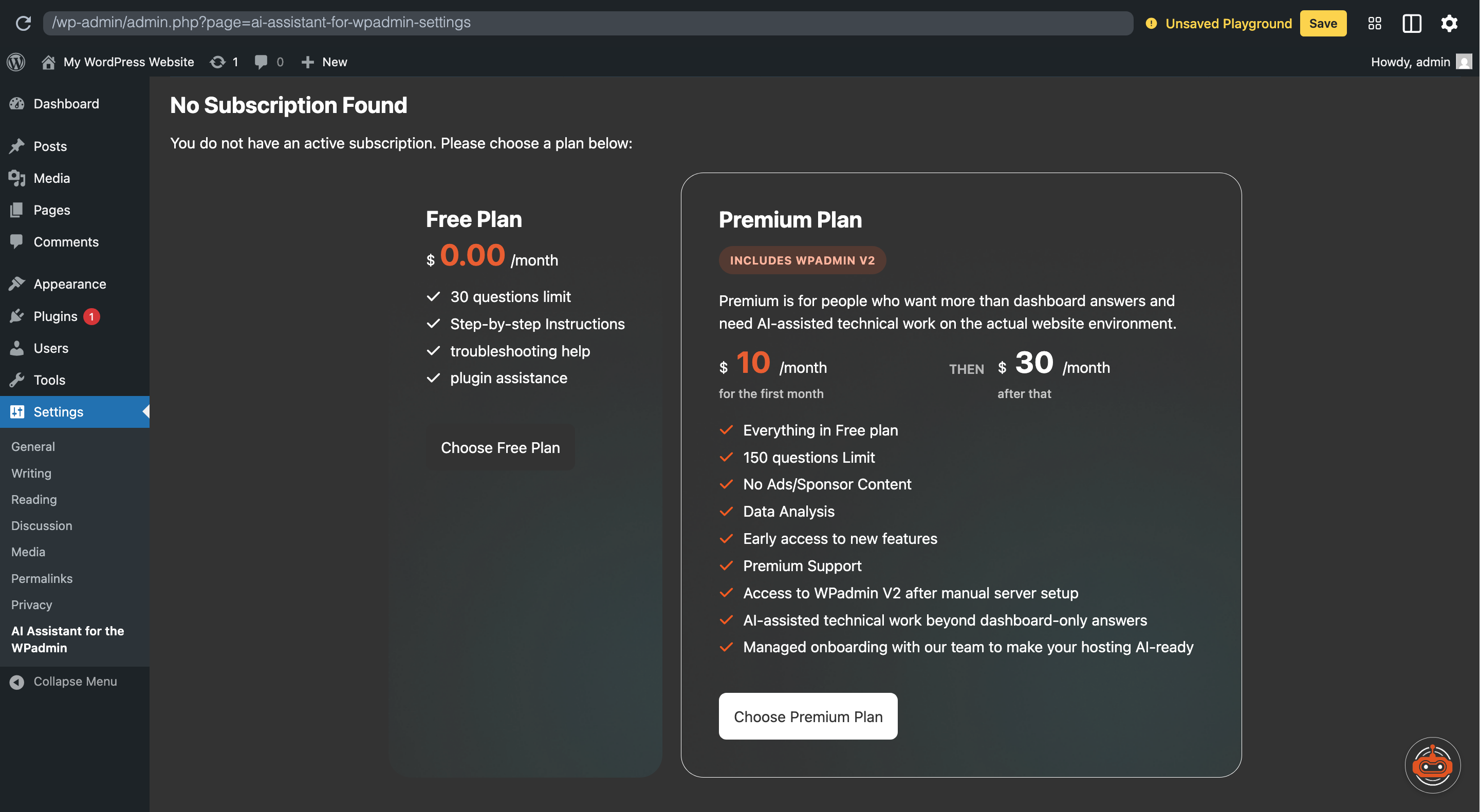 Plan selection screen inside WordPress settings