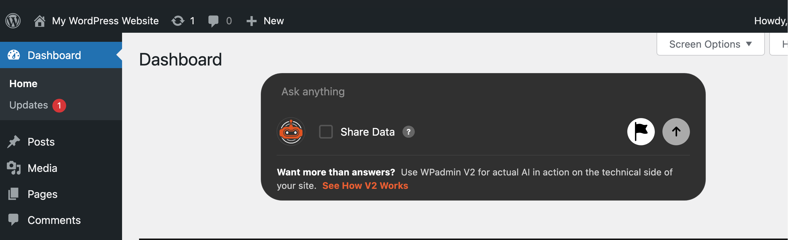 WPadmin.AI chat bubble on WordPress dashboard