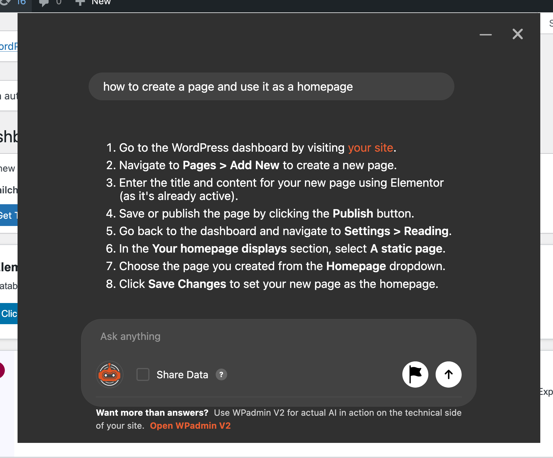 WPadmin.AI response with step-by-step instructions
