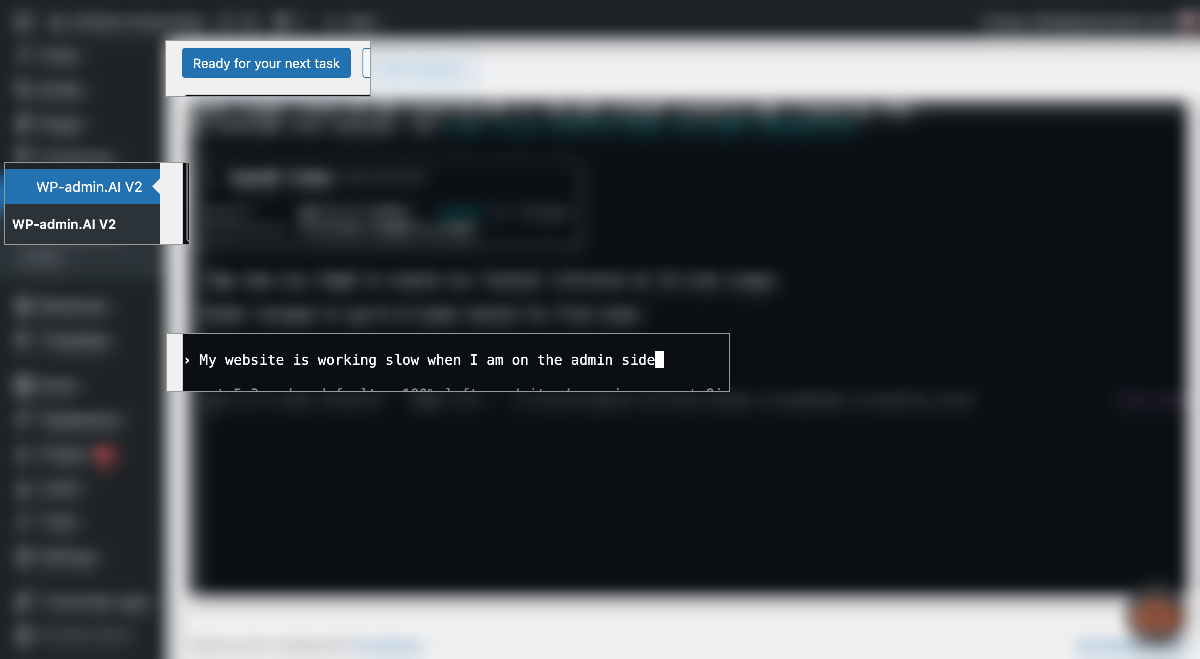 Typing a task requirement into WPadmin.AI V2