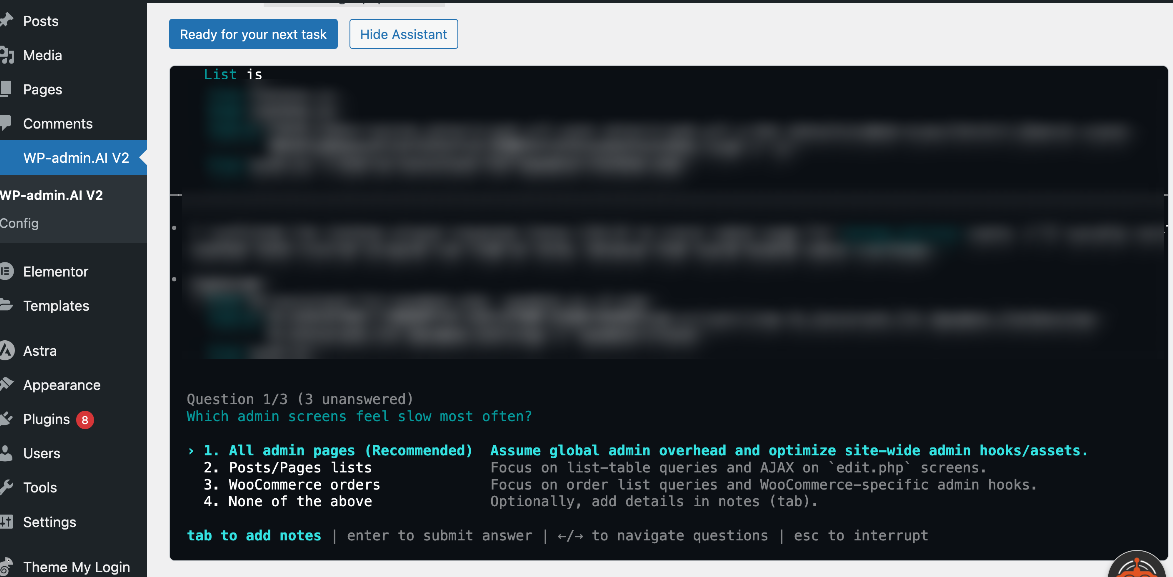 WPadmin.AI V2 showing a plan before execution
