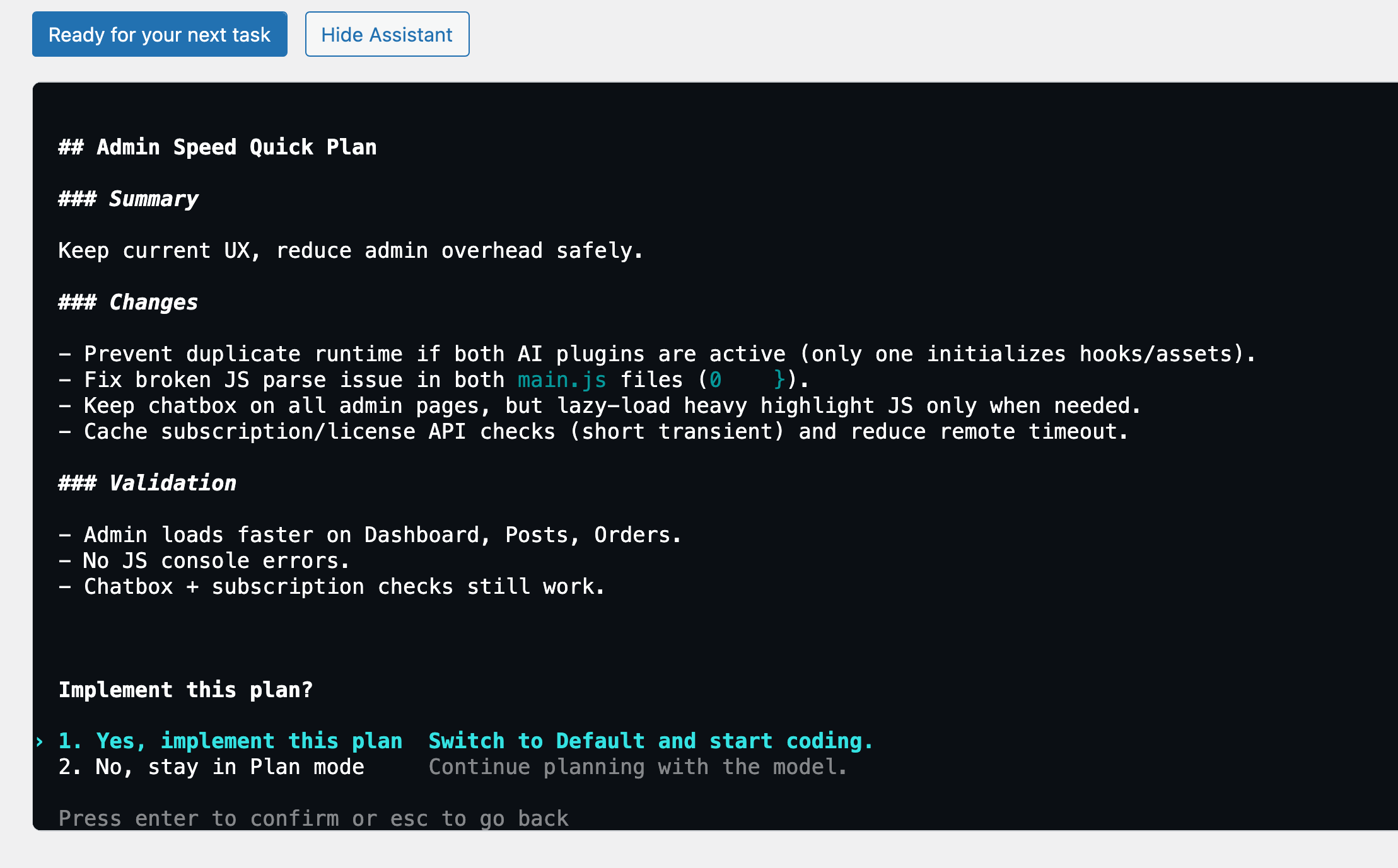 WPadmin.AI V2 executing changes with permission prompts
