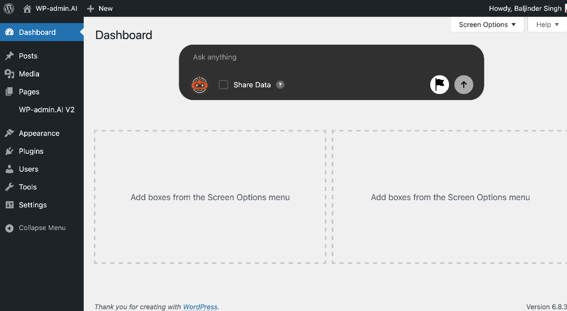 WPadmin.AI V1 — Q&A inside WordPress dashboard